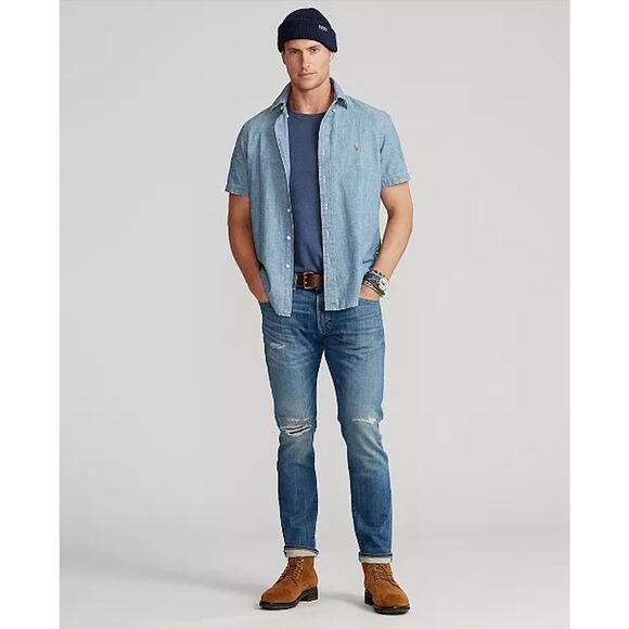 Ralph Lauren Men's Denim Blue Button Up Short Sleeve Shirt – Large - Picture 2 of 9